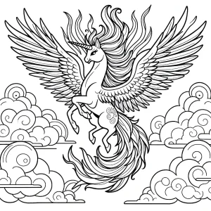 Jednorožec fénix s duhovými křídly – omalovánka k vytištění zdarma, coloring page