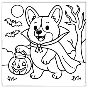 Vampýrský corgi v plášti na Halloween – omalovánka ke stažení zdarma