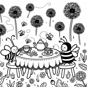 Omalovánka hravých včelek u čajového stolu v zahradě – coloring page zdarma