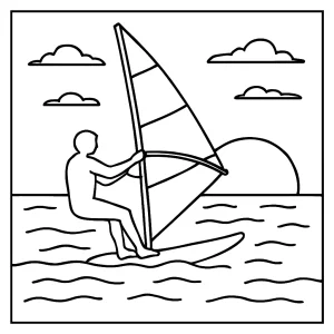 Omalovánka windsurfista při západu slunce – zdarma coloring page k vytisknutí