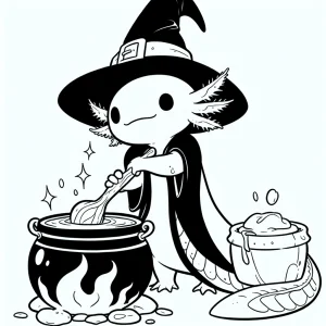 Kouzelný axolotl čarodějka vařící lektvar v kotlíku – omalovánka zdarma