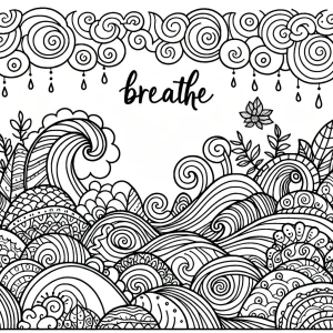 Zen doodle vlny s afirmací 'Breathe' - omalovánka pro děti a dospělé ke stažení zdarma