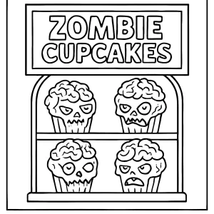Zombie cupcake bakery omalovánka – coloring page pro děti k vytištění zdarma, muffin s mozkovo polevou ve výkladu